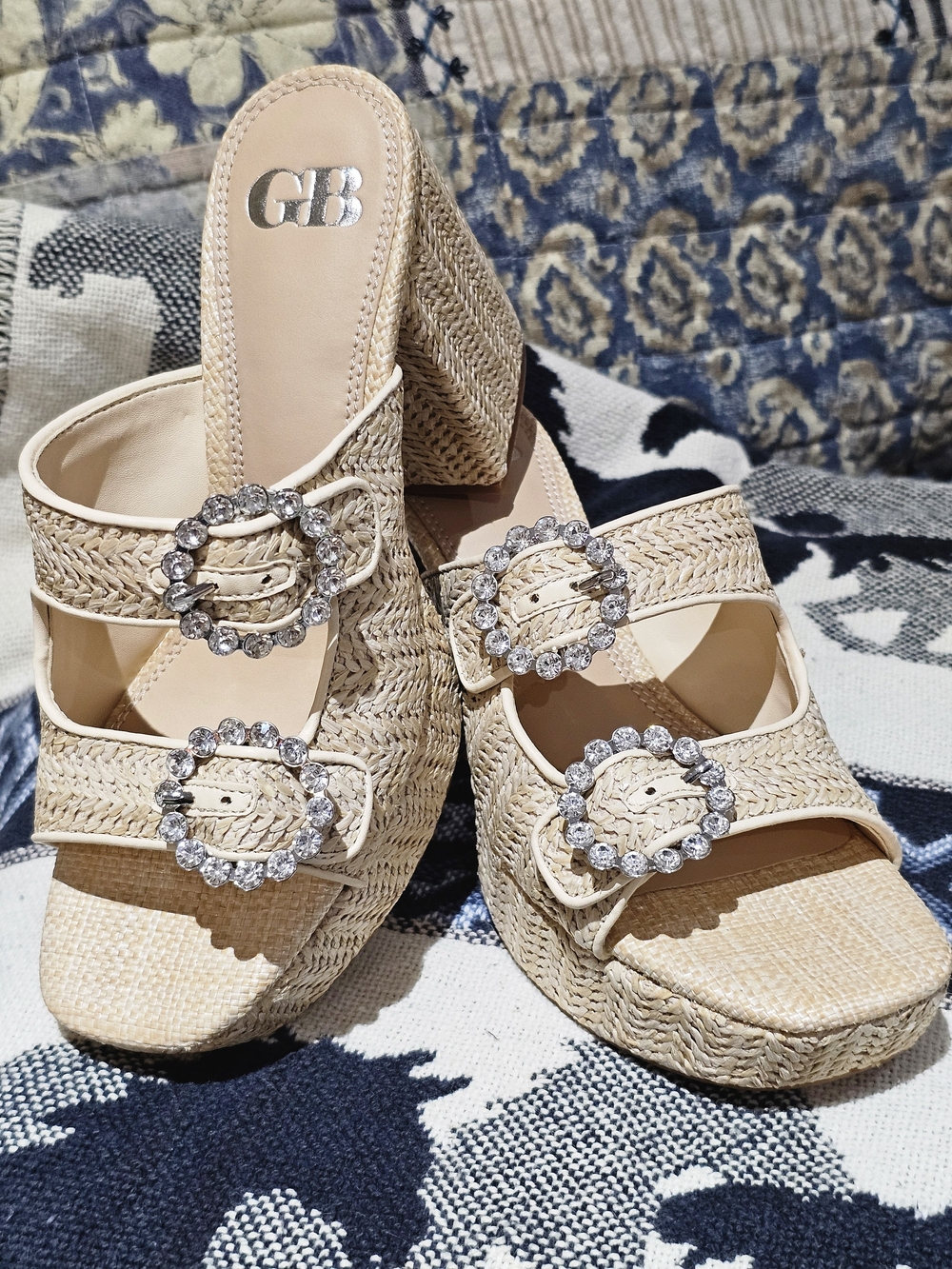 Gianni Bini Beige Woven Platform Mules with Crystal Buckles, NIB